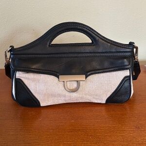 Foley & Corinna Handbag Clutch Beige Canvas Black Leather Shoulder Strap Purse